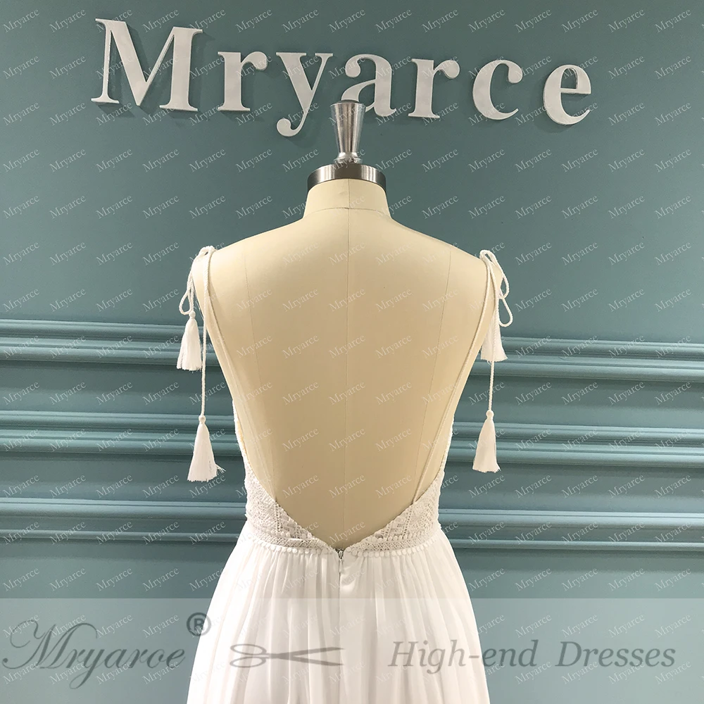 Mryarce 2020 New Boho Chic Lace Wedding Dress Open Back Flowy Chiffon Bridal Gowns  (8)