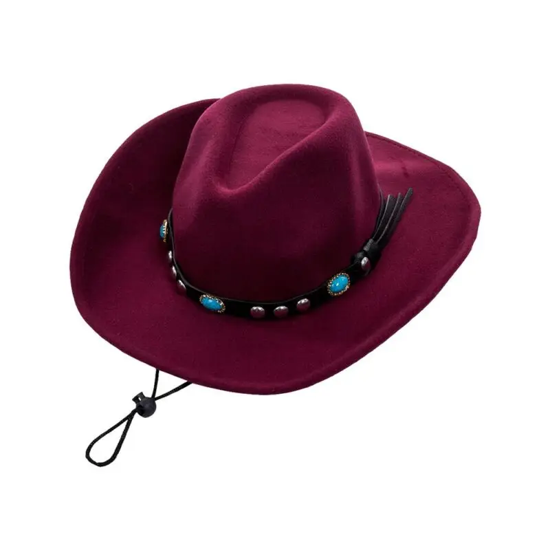 Hot Sale Womem Men Wool Blend Western Cowboy Hat Wide Brim Cowgirl Jazz Cap Leather Band