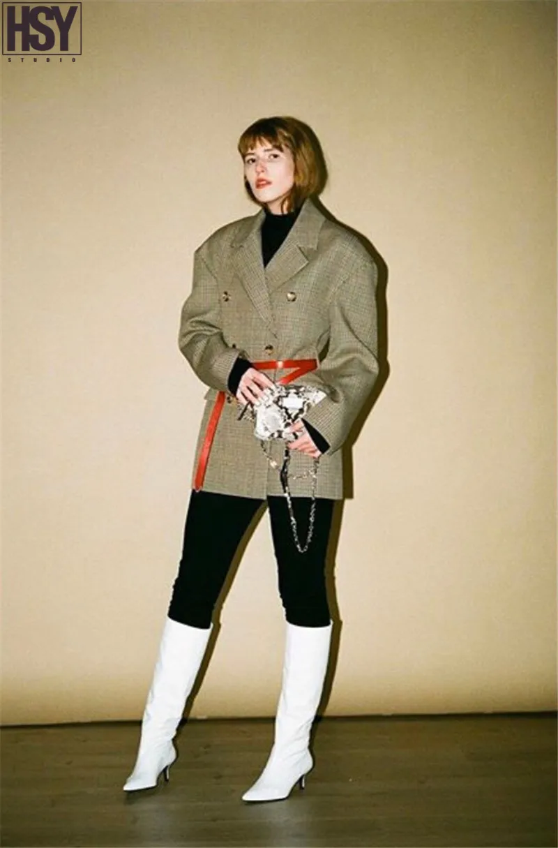 【HSY】 осенний женский костюм куртка с металлической пряжкой из искусственной кожи ремень с узором «гусиная лапка» двубортный блейзер с лацканами