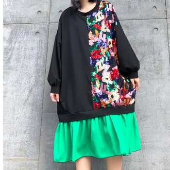 

iMucci 2020 Spring New O-neck Loose Sweater Patchwork Sequins A-line Loose Dress Streetwear Style Long Sleeve Dress TM1677