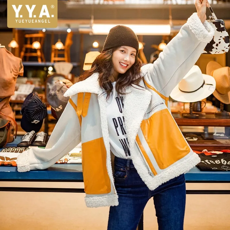 

Winter Fashion Women Warm Fur Lining Motorycle Suede Leather Jacket Casual Oversized Shearling Overcoat Colors Mixed Coat Jacket