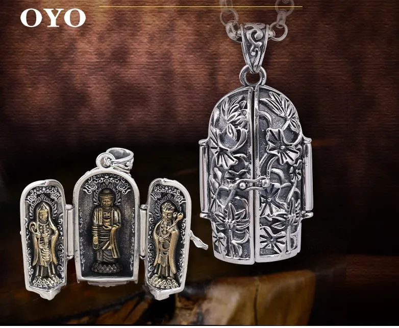 

925 sterling silver western three holy buddhas buddhism Guanyin Amitabha pendant openable personality Thai silver necklace penda