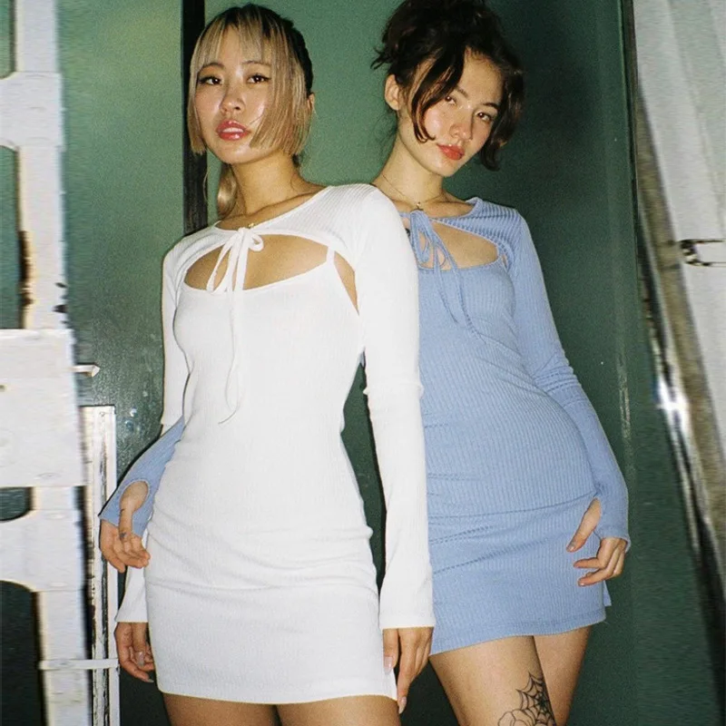 

Women Lace Up Long Sleeve Short Cardigans and Spaghetti Strap Knitted Dress Split Summer Dress Blue White Casual Dresses Vestido