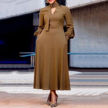

A Line Vintage Dress Women African Office Ladies Lantern Long Sleeve Pure Midi Dresses Elegant Robe 2019 Autumn Vestido Female