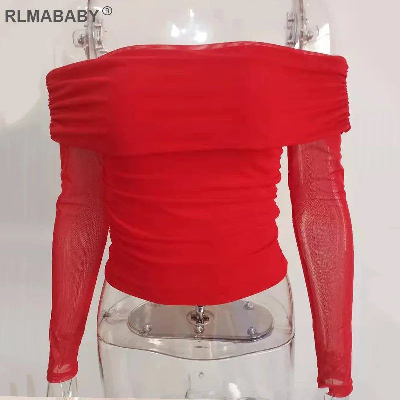 RLMABABY с открытыми плечами, с длинным рукавом, сексуальная Сетчатая футболка, топы для женщин, весна-осень, открытая спина, прозрачные женские футболки, повседневный укороченный топ - Цвет: Red