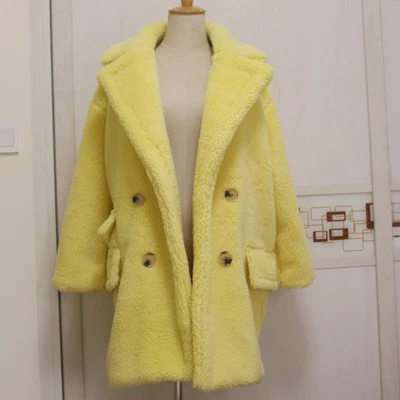 yellow Новинка, женское модное пальто из искусственного меха с карманами, 4 пуговицы, толстые теплые материалы, 5 цветов, большие размеры - Цвет: yellow