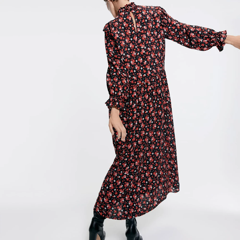 Женское платье с воротником стойкой ZA Трендовое Платье принтом и длинными