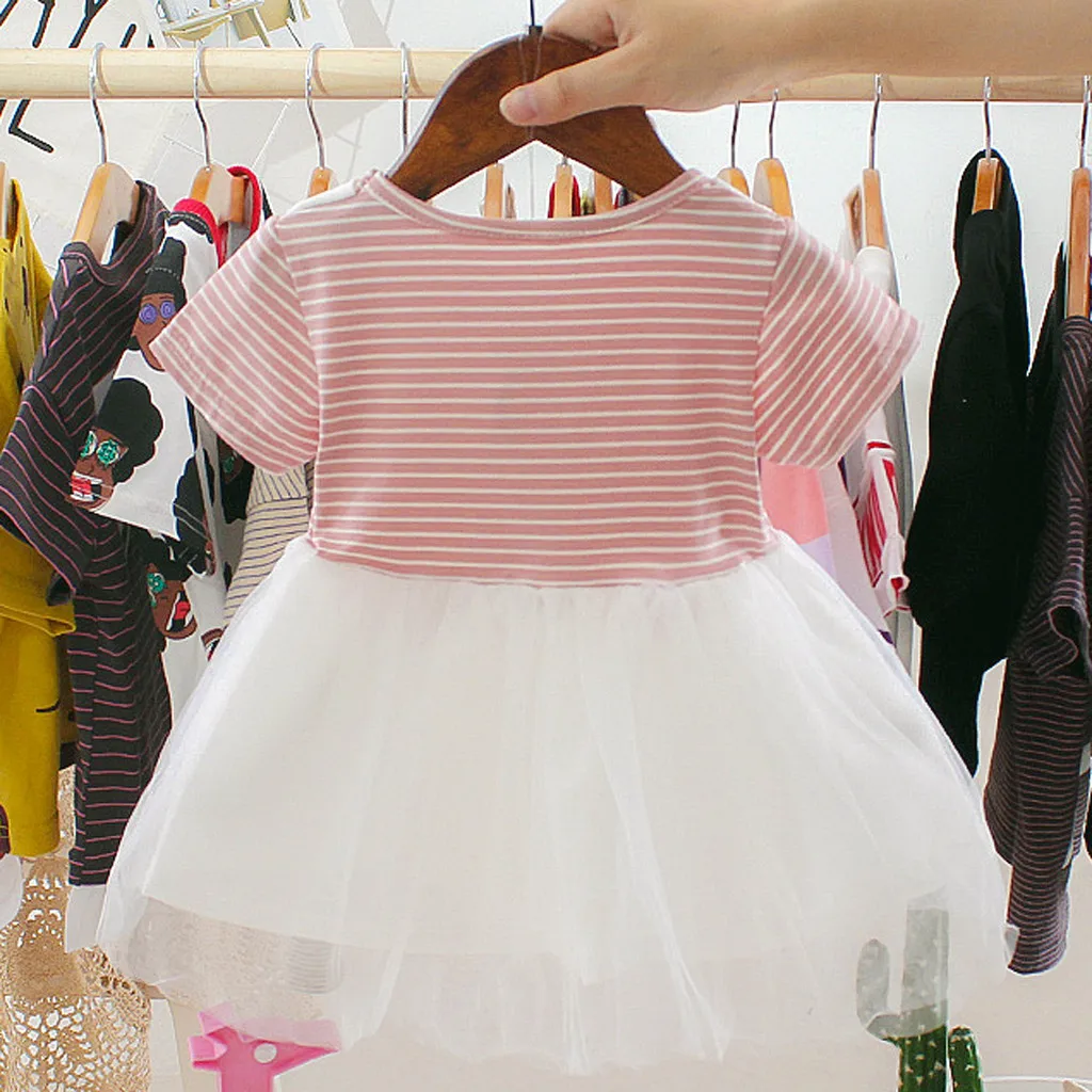 Милое летнее платье принцессы для маленьких девочек; vestidos; Новинка; модное Полосатое Сетчатое газовое платье принцессы с короткими рукавами; платье# pingyou