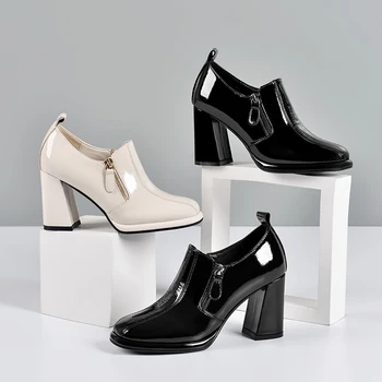 

Women Basic Pumps Spring Autumn Genuine Leather High Heels Shoes Woman square Toe Brand Design Shallow Pumps