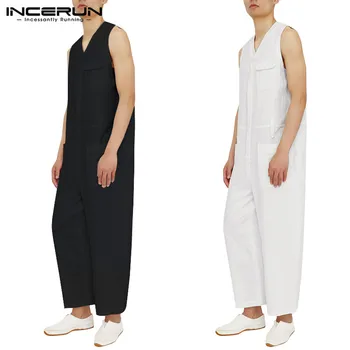 

INCERUN Men Cargo Overalls Multi Pockets Sleeveless Solid Cotton Jumpsuit Streetwear V Neck Fashion Summer Pants Men Romper 2020