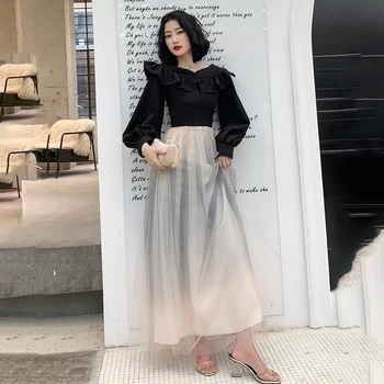 

Lady Large Size Qipao Sexy Lantern Sleeve A-line Mesh Party Prom Dress Autumn Winter New Black Long Cheongsam Vestidos Defesta