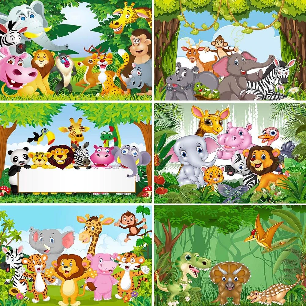 De Dibujos Animados De Animales Salvajes De Selva Tropical Safari Bosque Foto Con Fondo Personalizado Banderines Para Fiesta De Cumpleanos Bebe Ducha Telon De Fondo Fotografia Fondo Aliexpress