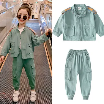 

Chic Girls Jacket and Pants Cool Streetwear Spring Autumn Coat Zippered Fashionable Kids Outwear+Trousers Casual Girls Costumes