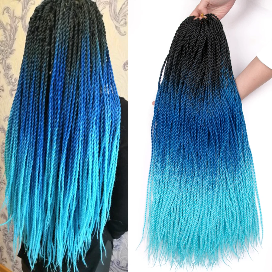 Три тона синий крючком волос коса 24 дюймов Сенегальский твист Омбре синтетические плетеные волосы 30 прядей/шт
