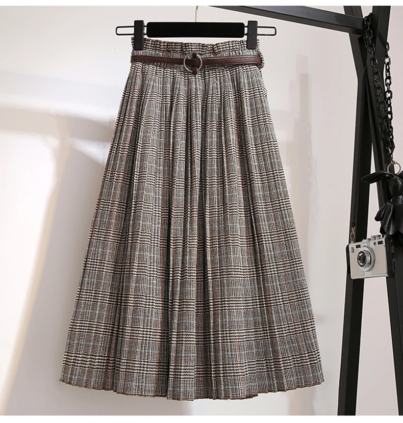 Plus Size 3XL Autumn Winter Women Wool Skirts Plaid Mid Skirts 2019 Casual Loose Ladies Office Skirts Elastic Waist Sashes (14)