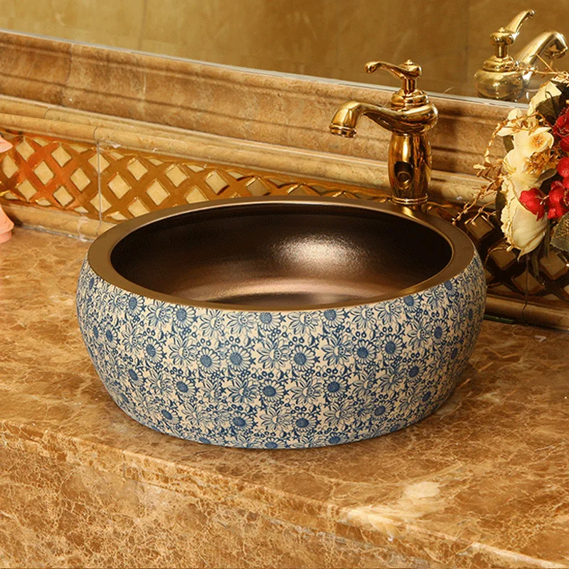 

Round shape Europe style chinese washbasin sink Jingdezhen Art Counter Top ceramic wash basin bathroom sink