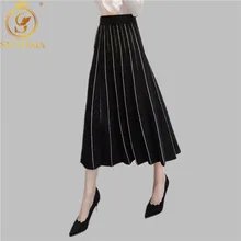 Smthma Женская трикотажная плиссированная юбка осень зима черная высокая Талия Женская длинная юбка женская теплая Женская Макси Юбка-миди