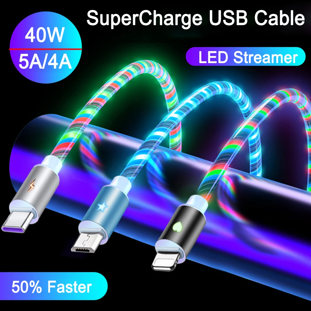 Кабель USB Type-C 5 А со светодиодной подсветкой для телефонов Samsung Xiaomi Redmi Huawei Honor