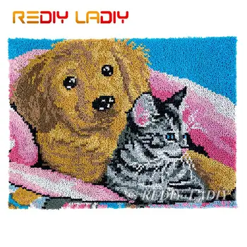 

Latch Hook Kits Dog with Kitten DIY Carpet Rug Lush Tapestry Kits Chunky Yarn Knitted Floor Mat Crochet Cushion Crafts 81*61cm