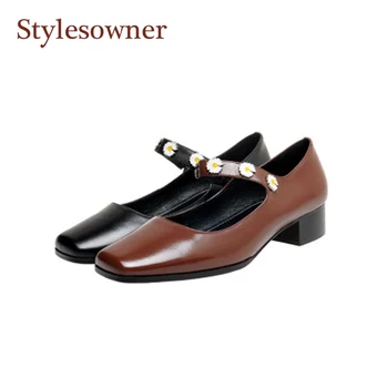 

2020 Spring /Autumn Square Head Small Daisy Single Shoes Gentlewomen's Thick Heel Vintage Retro Flowers Pattern Mary Jane Shoes