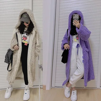 

Girls' wool sweater coat long hooded 2020 winter lamb wool coat Western style plus velvet thickening tide