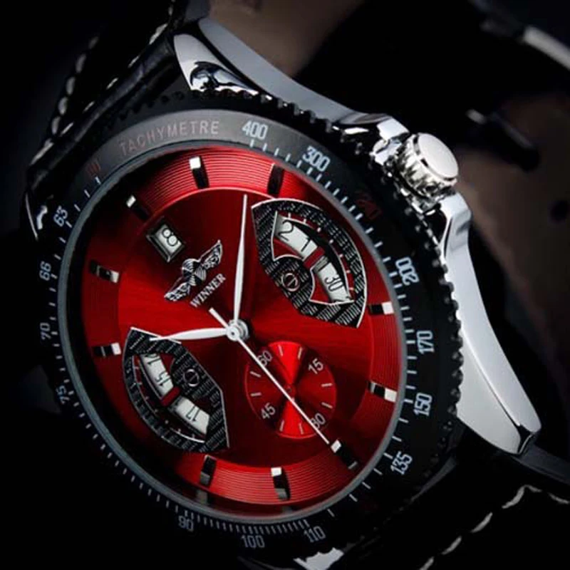 WINNER Men Fashion Auto Mechanical Watch Leather Strap Sub Dial Date Display Tachometer Top Brand Luxury Wrist Watch