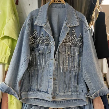 

2020 spring heavy work fashion diamond beading denim jacket women tassel loose top jeans coat