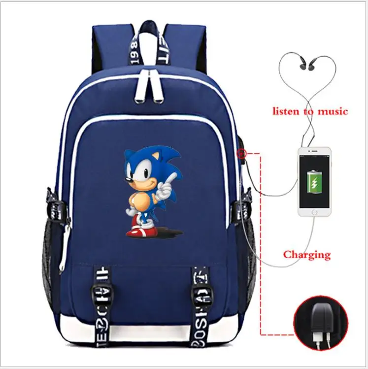 Sonic рюкзак с ежом с usb зарядным портом и замком и разъемом для наушников для студентов колледжа школьные сумки - Цвет: as pictures