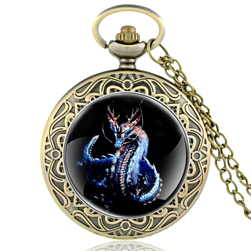 IBEINA Vintage Bronze Steampunk Dragon Quartz Pocket Watch Classic Men Women Necklace Pendant Gift
