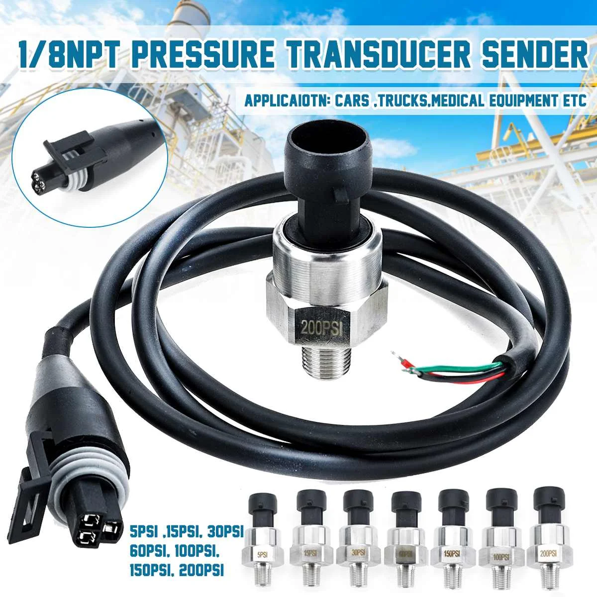5PSI 1/8NPT Stainless Steel Pressure Transducer Sender For Oil Fuel Air Water 
