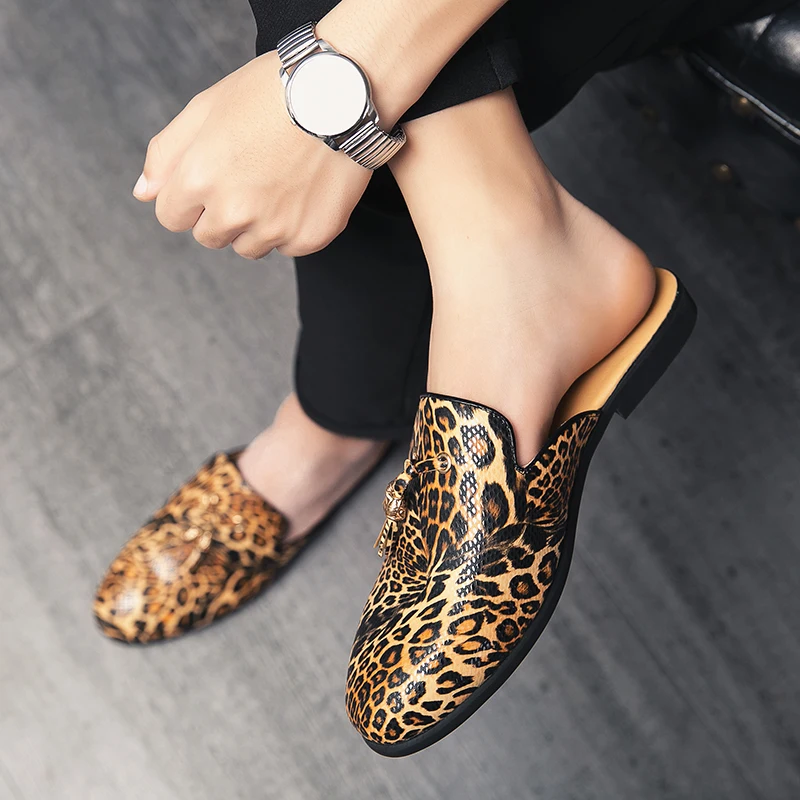 Summer Men Leather Casual Shoes Leopard Print Men's Mules Slippers