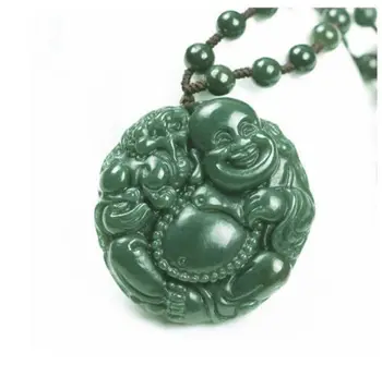 

LETSFUN Fine Jewelry Hand Carved Natural Green Jade Laughing Buddha Zen Buddha Charm Pendant Free Shipping