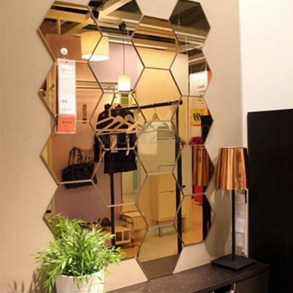 12pcs 3D Hexagon Bathroom Mirror Sticker Home Living Room Sofa TV Background Wall Decal Decor Acrylic DIY Sticker 5