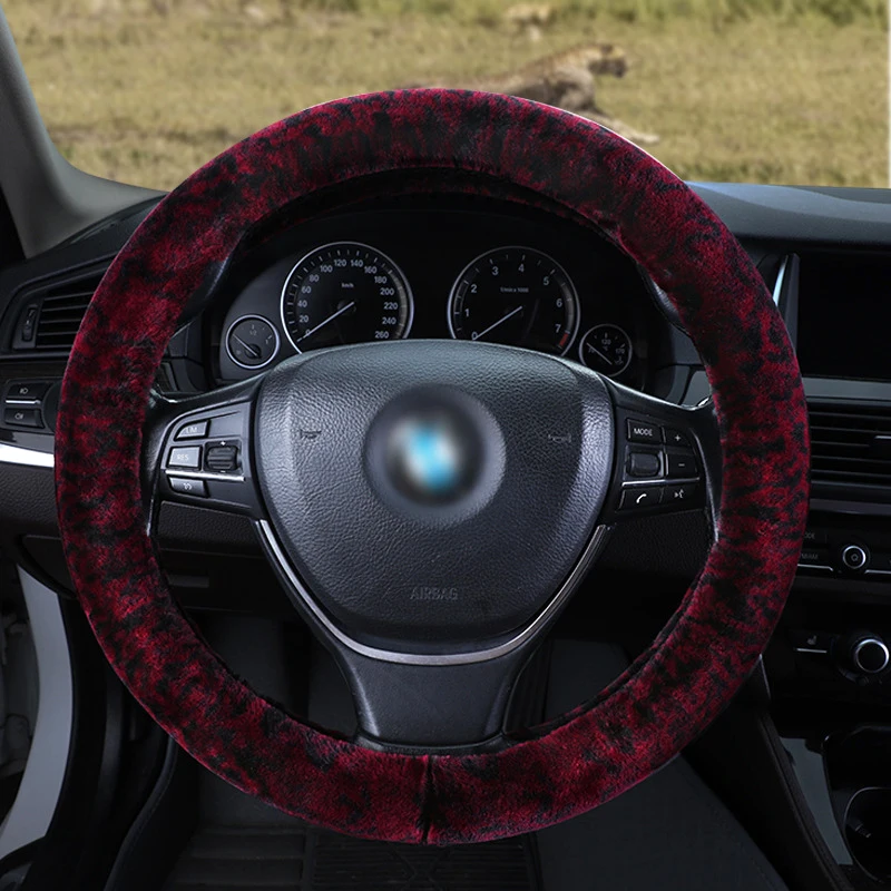 New car steering wheel cover Winter steering wheel Leopard Short plush steering cover Comfortable driving Diameter 38 cm