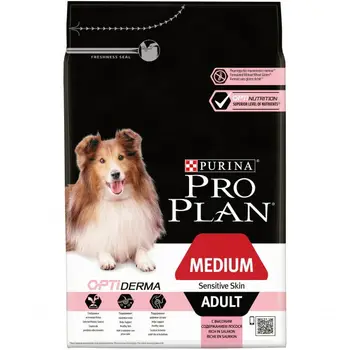 

Сухой корм Purina Pro Plan для взрослых собак средних пород с чувствительной кожей, лосось с рисом, пакет, 3 кг