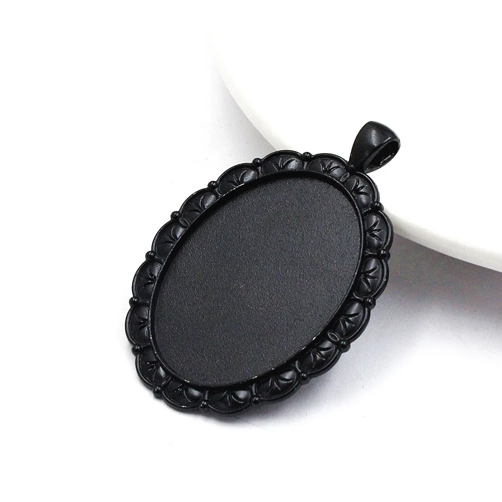 Fit 30x40mm Oval Cabochons Pattern Glass Cameos Black Frame Settings Bezel Tray For DIY Necklace Making Accessories 5pcs K06248
