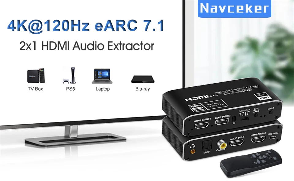 2x1 4K 120Hz HDMI Switch eARC Audio Extractor ARC & Optical Toslink HDMI 2.0 Swi