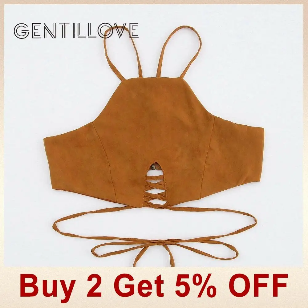 Gentillove, сексуальный, на шнуровке, коричневый, искусственная кожа, замша, обрезанный, на бретелях, винтажный Топ, для женщин, тонкий, выдалбливают, Топики, вечерние, короткий топ, Осенний жилет