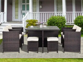 

9 Piece Patio Furniture Set Wicker Rattan Outdoor Patio Conversation Set Cushioned Chairs & End Table Garden chairs