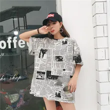 

T-shirt Women Short Sleeved Newspaper Pattern Print Long Style Womens T-shirt All-match Trendy Leisure Oversized Female Clothing
