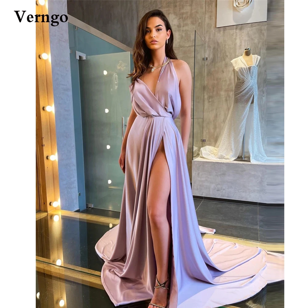 

Verngo Lilac Silk Satin Long Prom Dresses Sexy Simple High Side Slit Halter Sweep Train Evening Party Formal Dress Gown