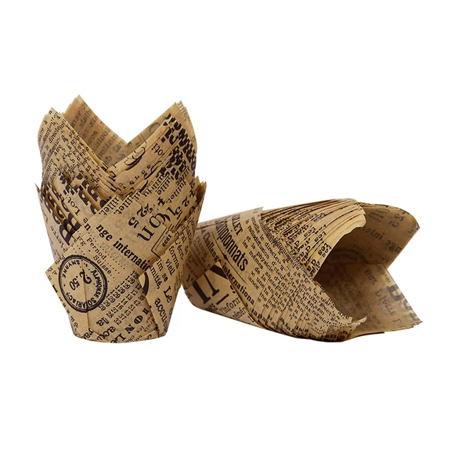 50pcs Newspaper Style Cupcake Liner Baking Cup For Wedding Party Caissettes Tulip Muffin Cupcake Paper Cup Oilproof Cake Wrapper B02