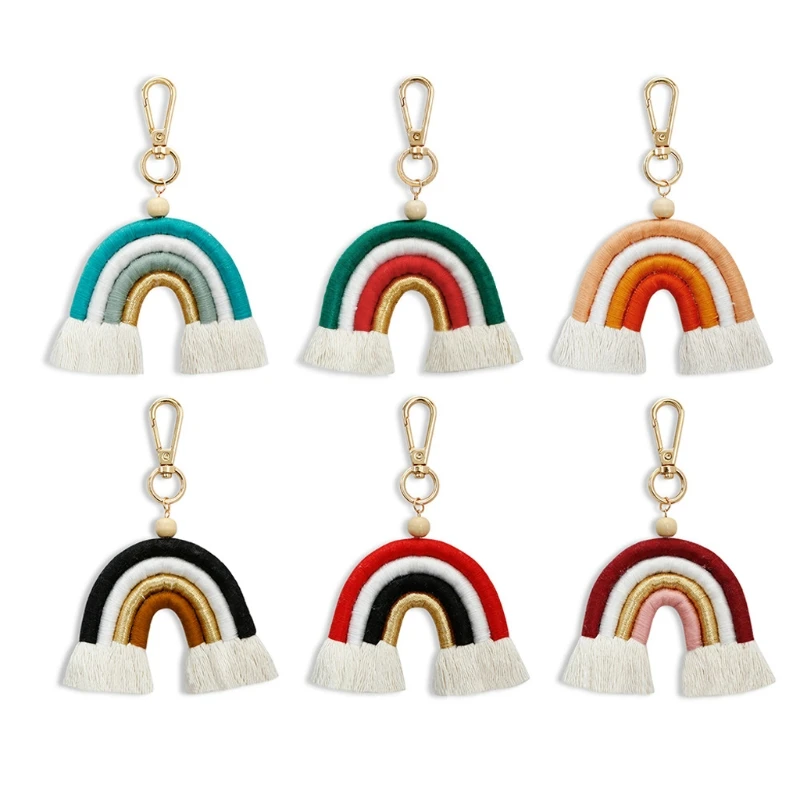 New Macrame Weaving Rainbow Keychains for Women girls Handmade key Holder Keyring Bag Charm Car Hanging Key Ring Gift simple light luxury exquisite geometric ring face fritillaria 14k gold plated brass charm pendants jewelry making supplies diy