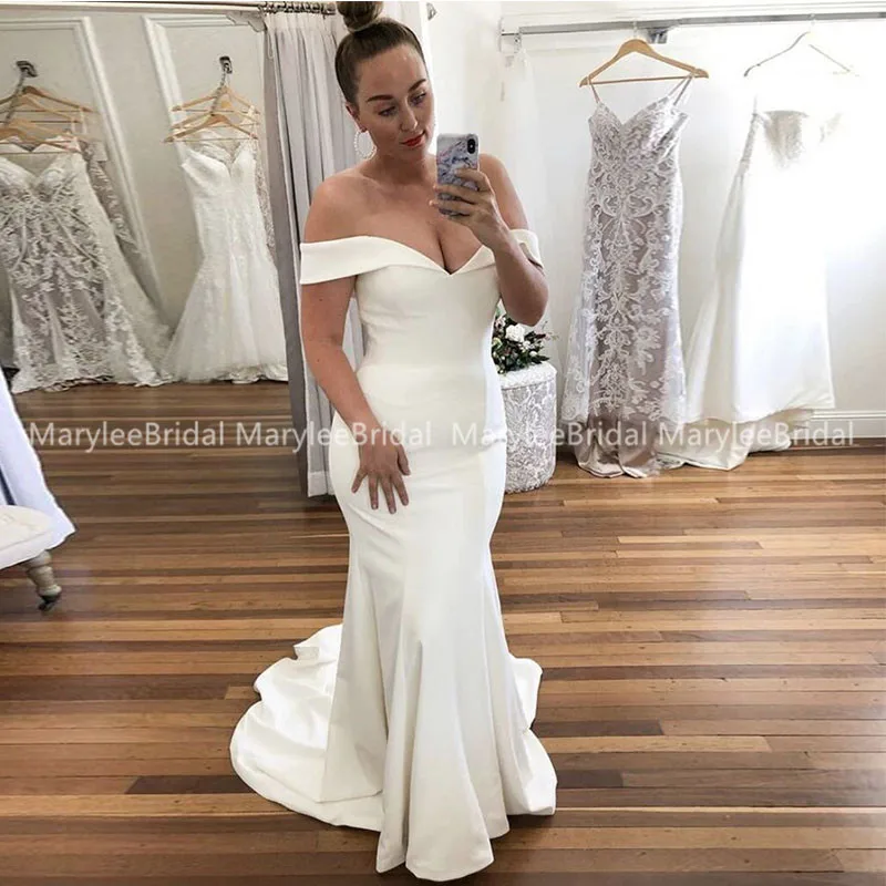 

Ivory Mermaid Crepe Wedding Dresses Spring Cheap Off The Shoulder Beach Bridal Gown With Sweep Train vestido de noiva sereia New