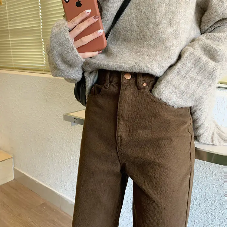 Jeans Women Solid Straight High Waist Jean Retro Korean Style BF Autumn Ankle-length Causal Denim Womens Simple Ins Trendy Daily