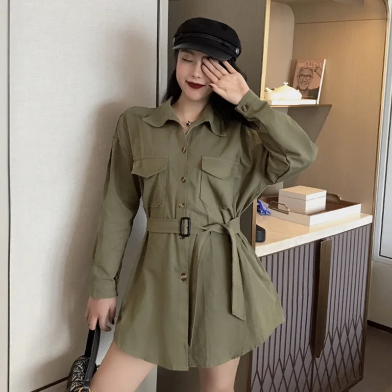 New Style Early Autumn Retro Fold-down Collar Long Sleeve Workwear-Style Belt Slimming Loose Pocket Mid-length Trench Coat