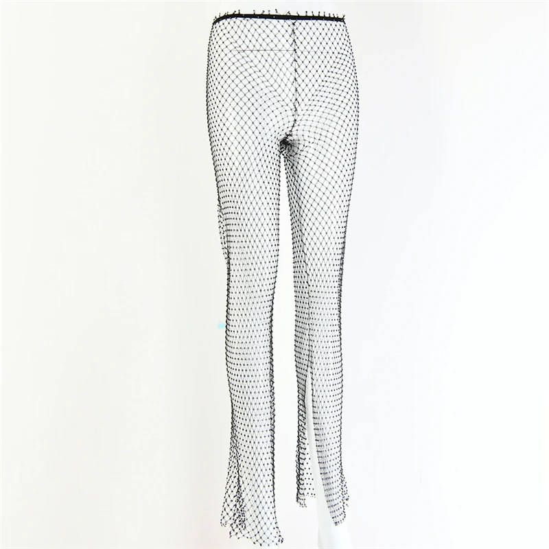 Свободные прозрачные длинные штаны, ажурные сетчатые блестящие штаны с эластичной резинкой на талии, популярные брюки для музыкального фестиваля, женские облегающие штаны