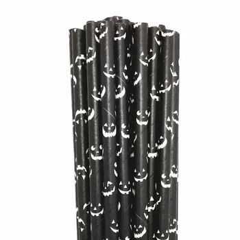 

100 pcs White Pumpkin Black Paper Straws,Expression Grimace Halloween Horror Birthday Party Restaurant Bar Kids Drinking Straws