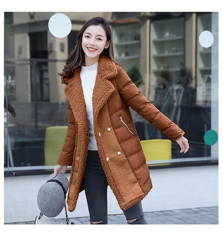 Thick Long Sleeve Winter Mid-length Double Breasted Suit Collar Sweet Solid Color Fashion City Elegant