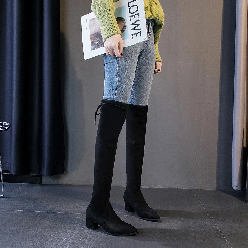 

Over-the-knee Boots Women's 2019 Autumn & Winter New Style Chunky Heel Pointed Elasticity over-the-Knee Boots plus Velvet Hose C